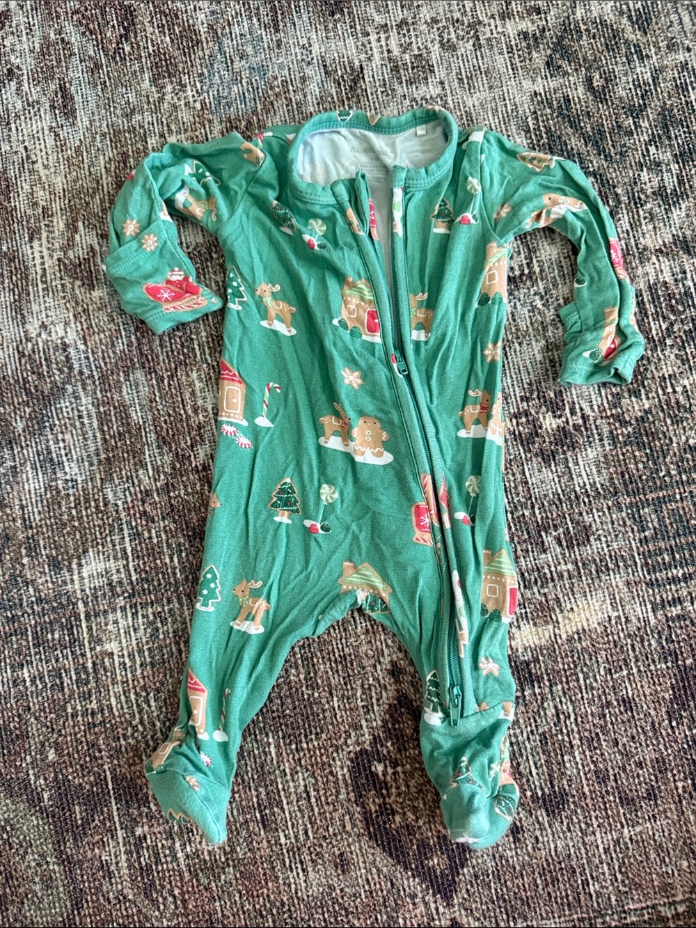 Angel Dear Green Christmas Holiday Print Footed One-Piece